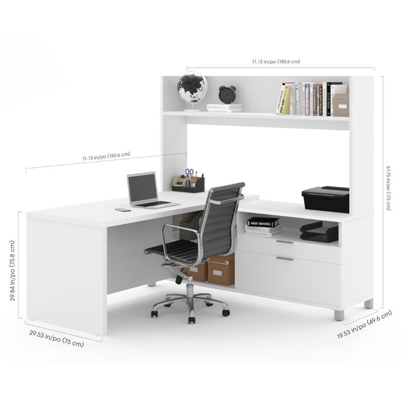 Bestar ProLinea LShaped Home Office Desk with Hutch in White Homesquare