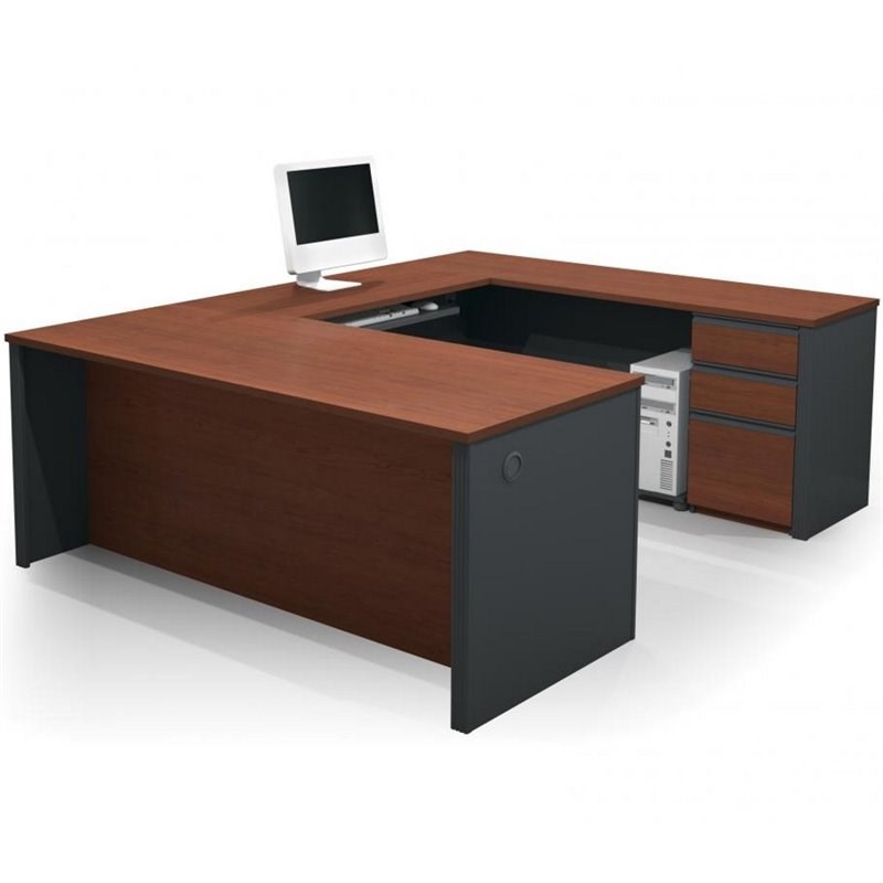 bestar prestige + u shaped wooden computer desk in bordeaux and