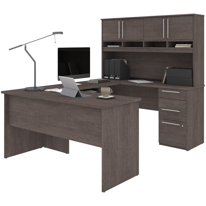Bestar Innova Peninsula Computer Desk Bestar Innova Wooden Configurable Computer Desk with Hutch in Bark Gray
