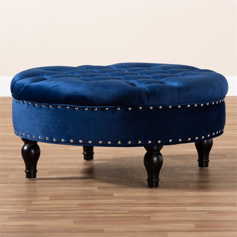 Baxton Studio Palfrey Blue Velvet Upholstered Button Tufted Ottoman