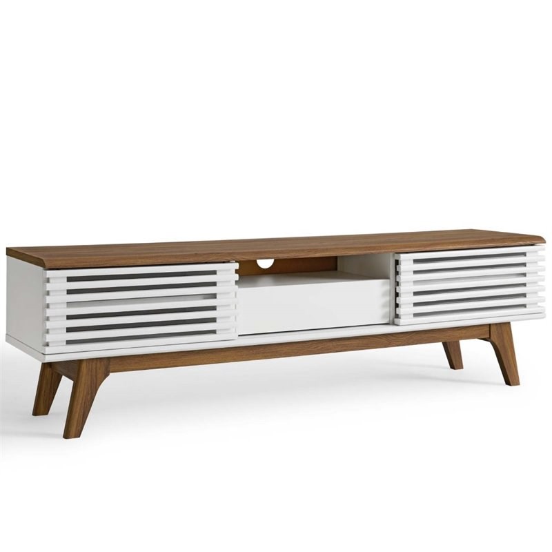modway render midcentury 59" tv stand in walnut and white eei2541