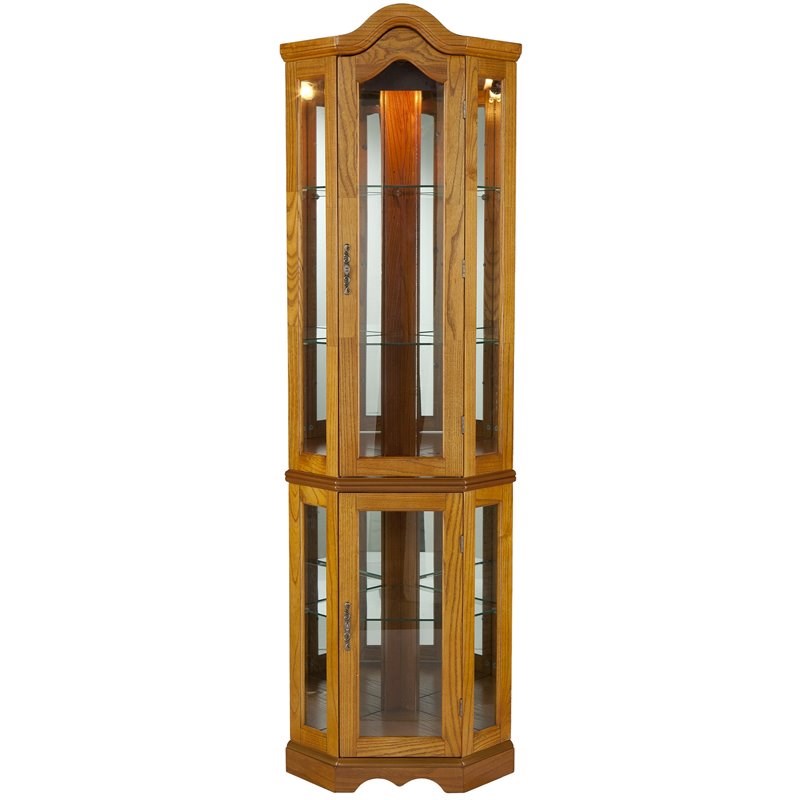 SEI Furniture Riley Lighted Corner Curio in Golden Oak Homesquare