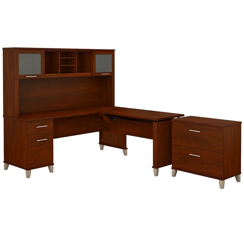 Bush Furniture Somerset Sit Stand L Desk with Hutch & in Cherry