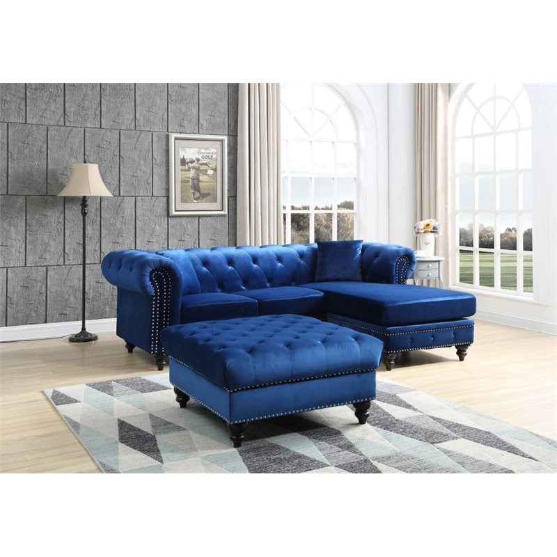 Glory Furniture Nola Velvet Sofa Chaise in Navy Blue Homesquare