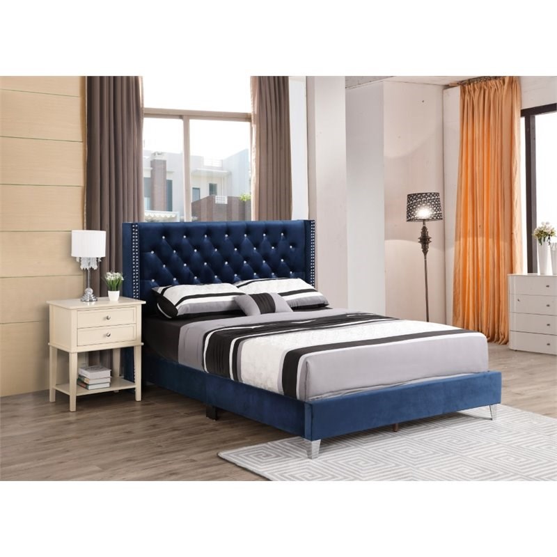 Glory Furniture Julie Velvet Upholstered Queen Bed in Navy Blue