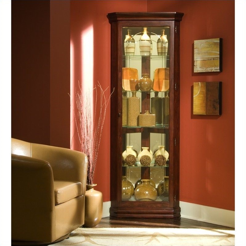 Solid Wood 4 Shelf Mirrored Corner Curio in Cherry Brown Finish