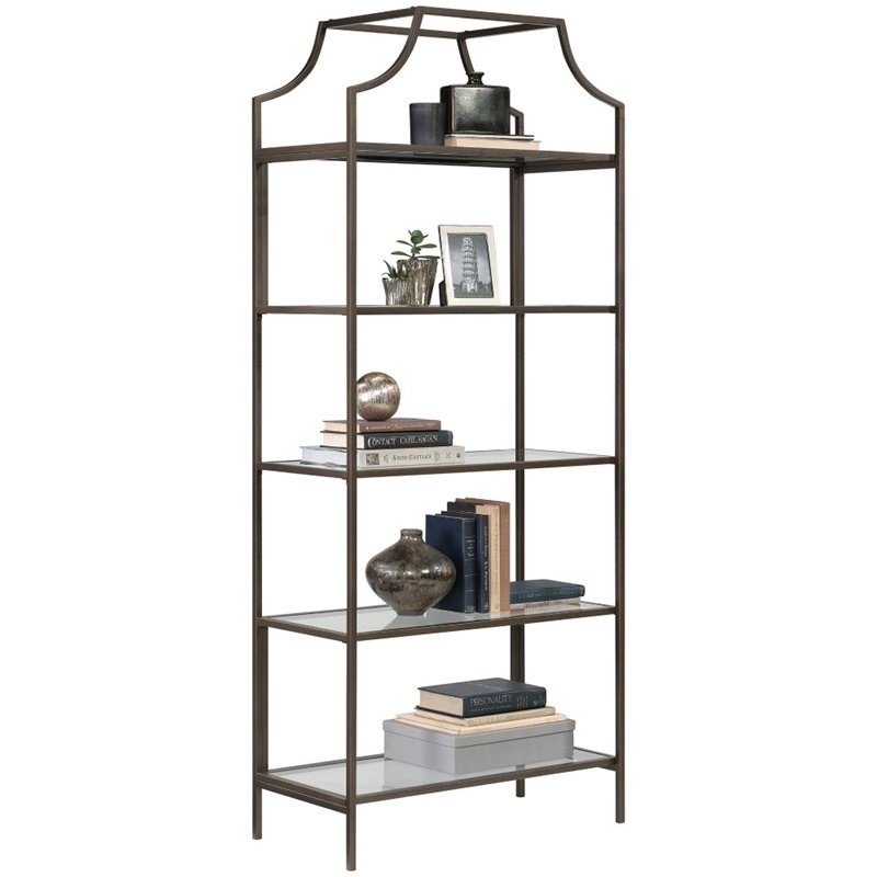 sauder international lux 5 shelf metal framed glass bookcase in bronze