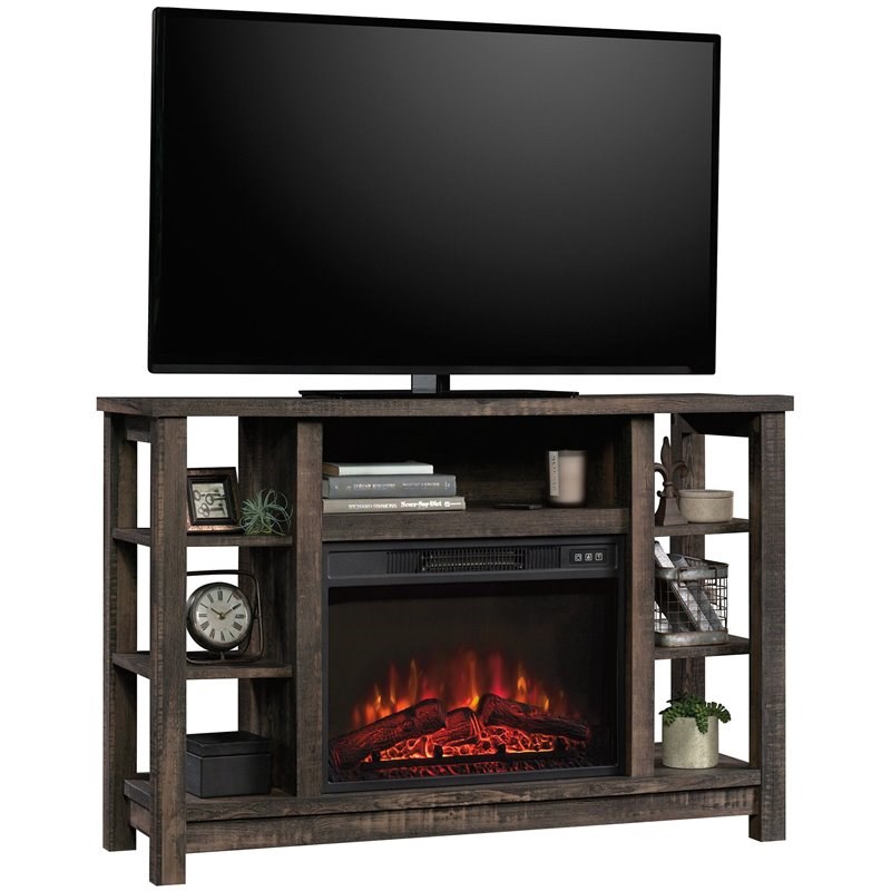 sauder wooden fireplace credenza tv stand in cartbon oak 427375