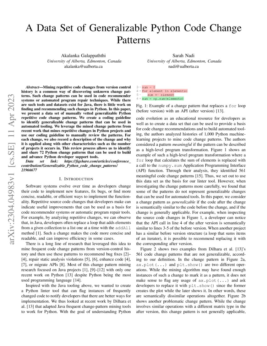 A Data Set of Generalizable Python Code Change Patterns DeepAI