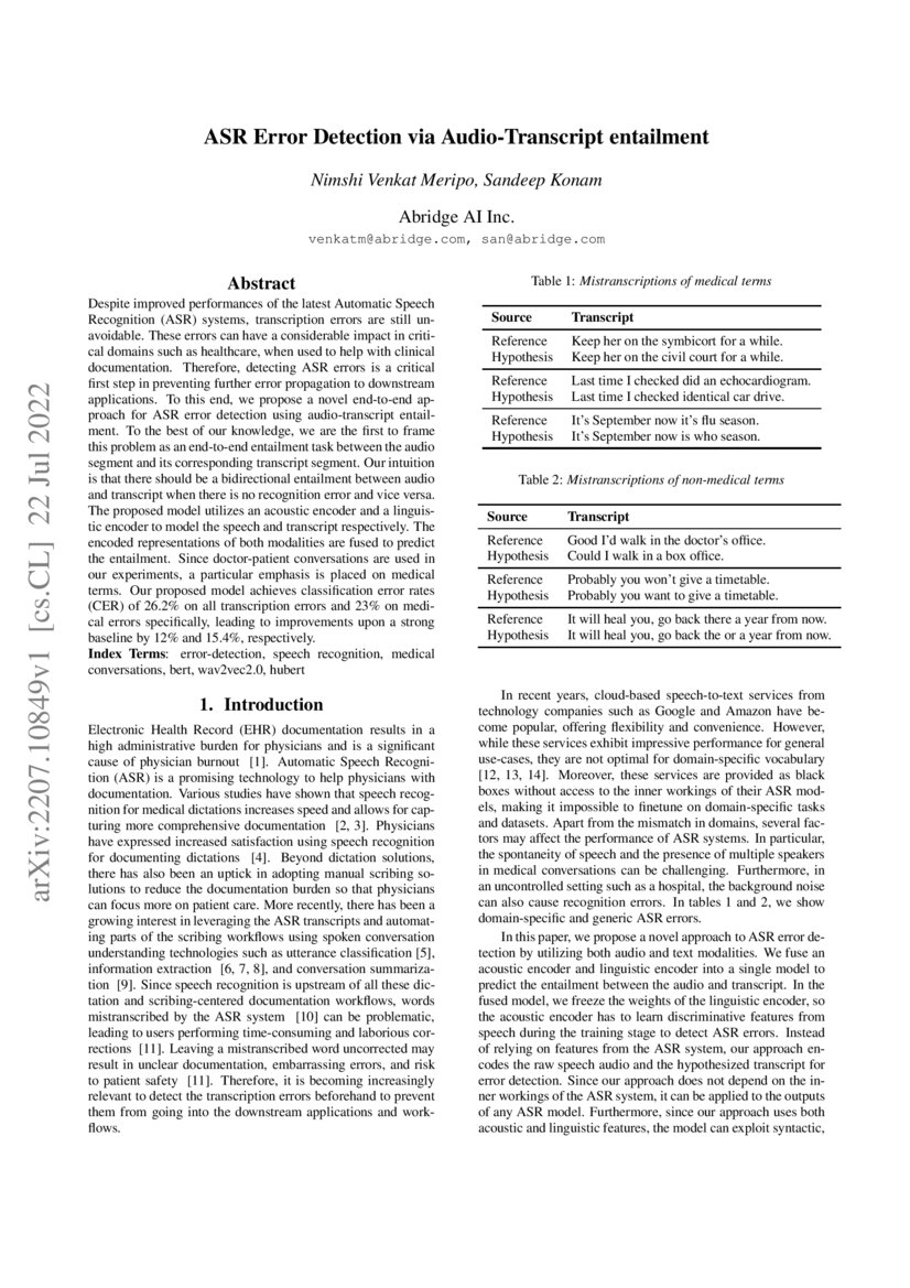 ASR Error Detection via AudioTranscript entailment DeepAI