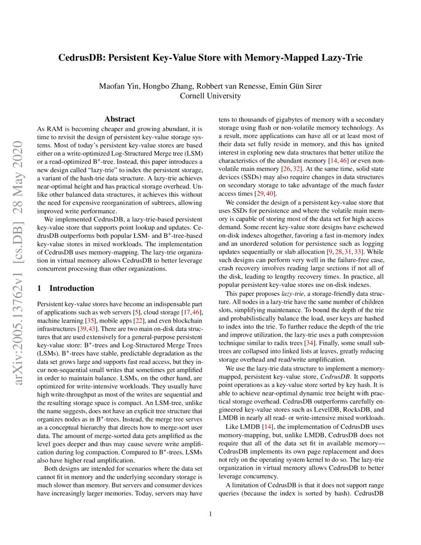 CedrusDB Persistent KeyValue Store with MemoryMapped LazyTrie DeepAI