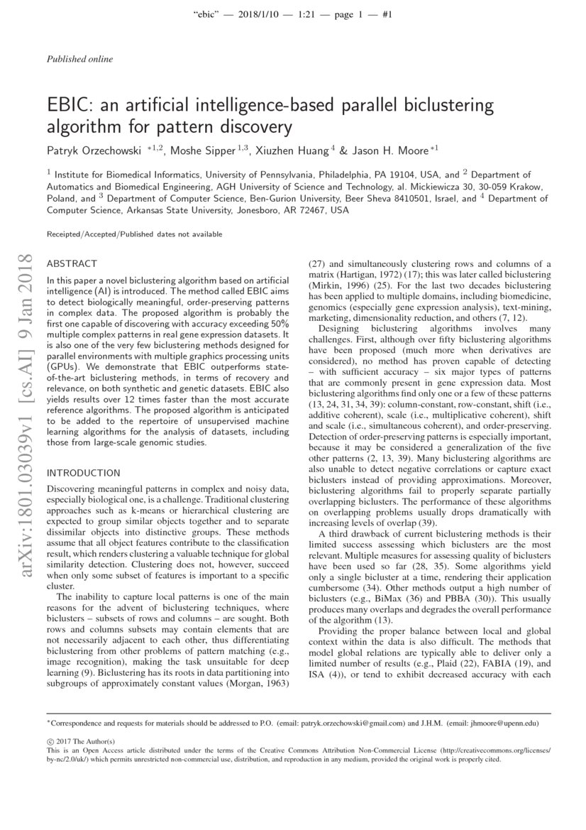 EBIC an artificial intelligencebased parallel biclustering algorithm for pattern discovery