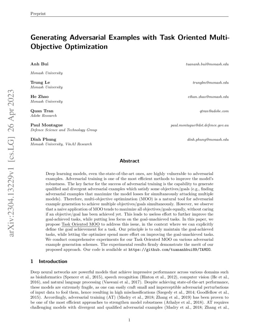 Generating Adversarial Examples with Task Oriented MultiObjective