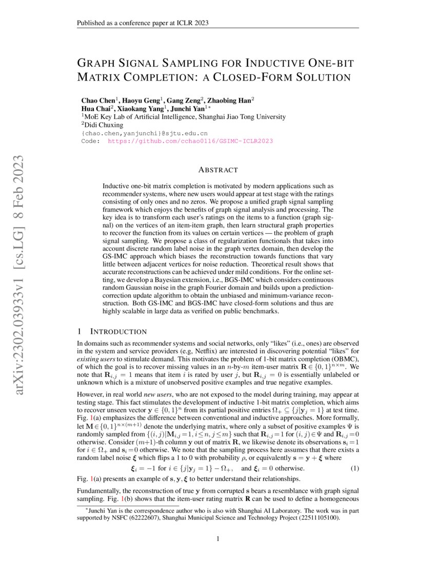 Graph Signal Sampling for Inductive OneBit Matrix Completion a Closed