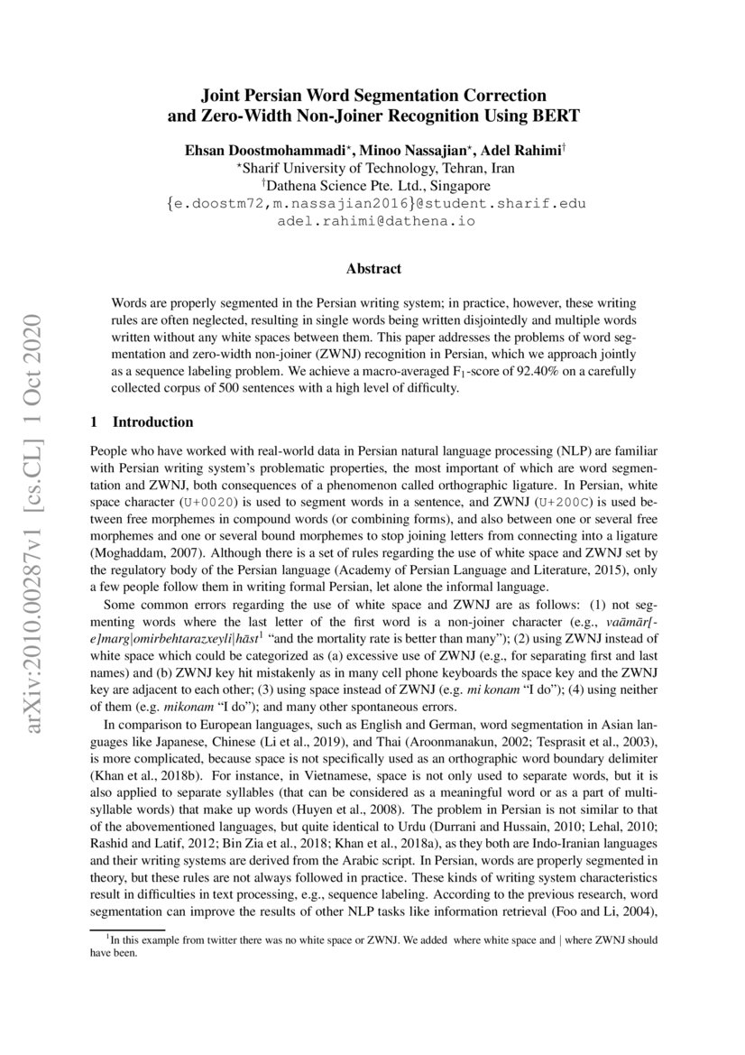 Joint Persian Word Segmentation Correction and ZeroWidth NonJoiner
