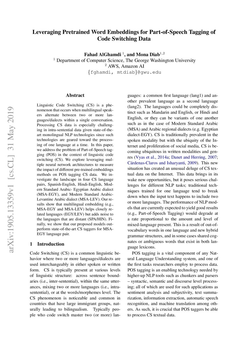 Leveraging Pretrained Word Embeddings for PartofSpeech Tagging of