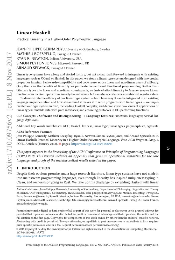 Linear Haskell practical linearity in a higherorder polymorphicN Linear Haskell practical linearity in a higherorder polymorphicN