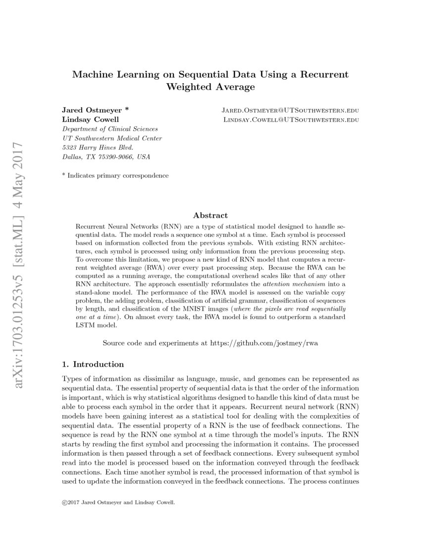 Machine Learning on Sequential Data Using a Recurrent Weighted Average