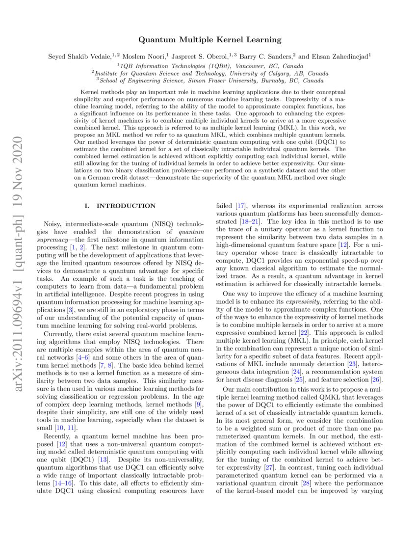 Quantum Multiple Kernel Learning DeepAI