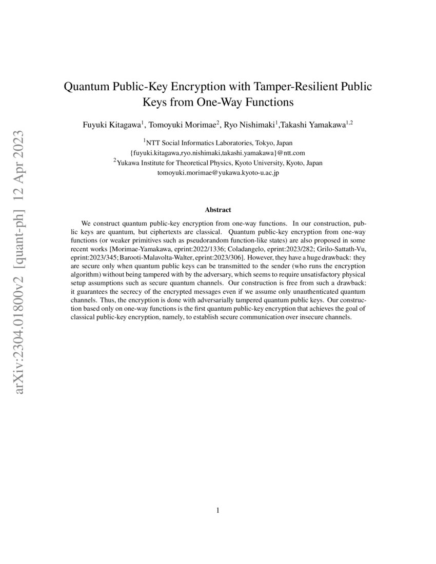 Quantum PublicKey Encryption with TamperResilient Public Keys from