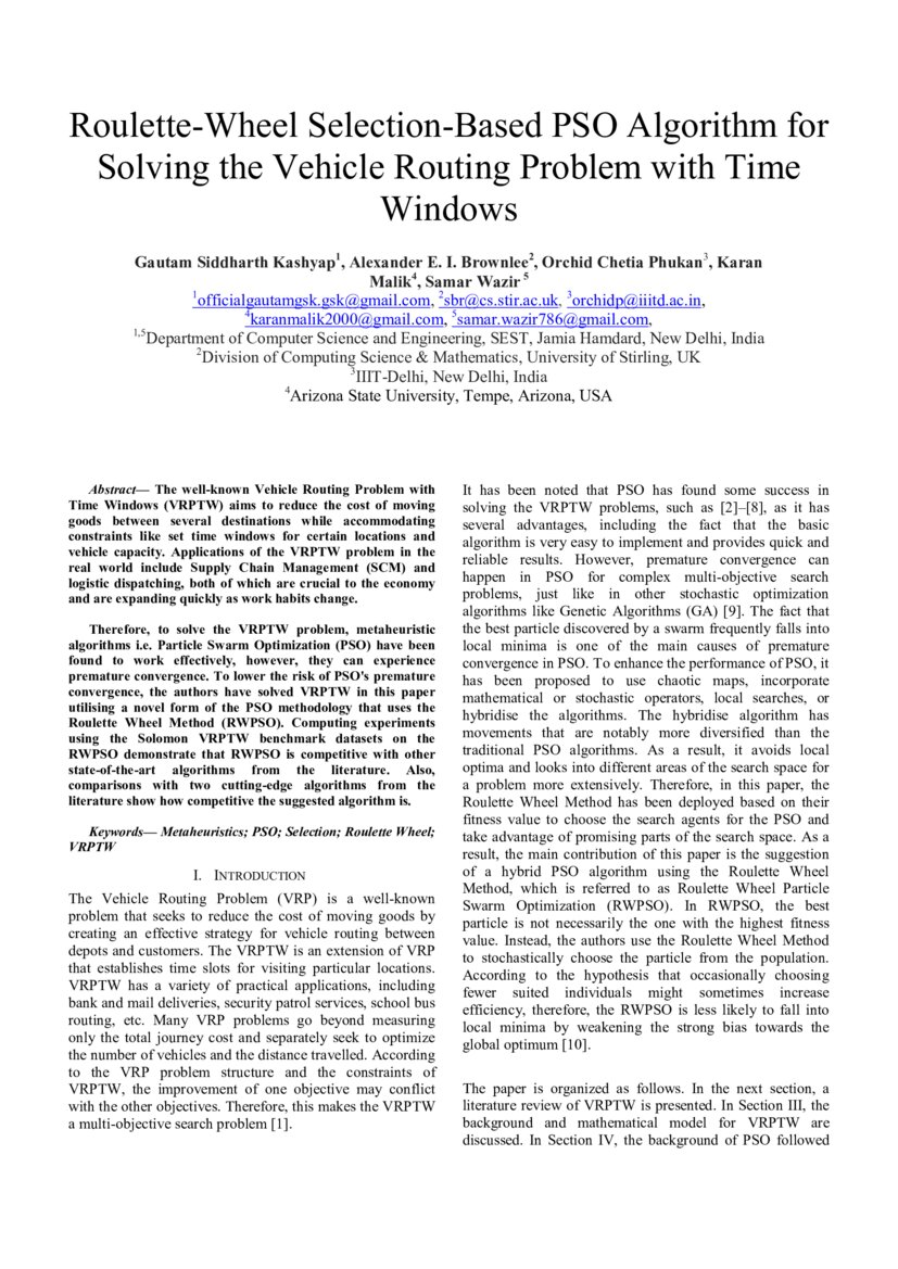 RouletteWheel SelectionBased PSO Algorithm for Solving the Vehicle