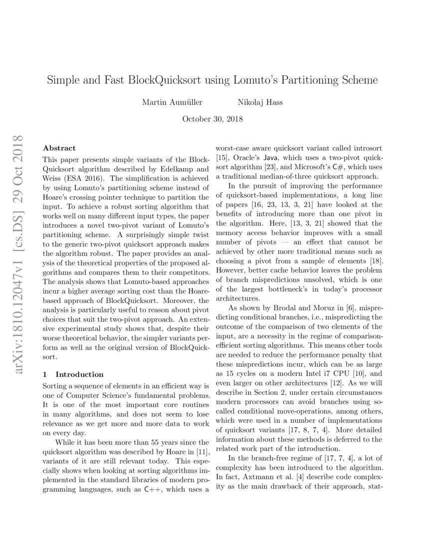 Simple and Fast BlockQuicksort using Lomuto's Partitioning Scheme DeepAI