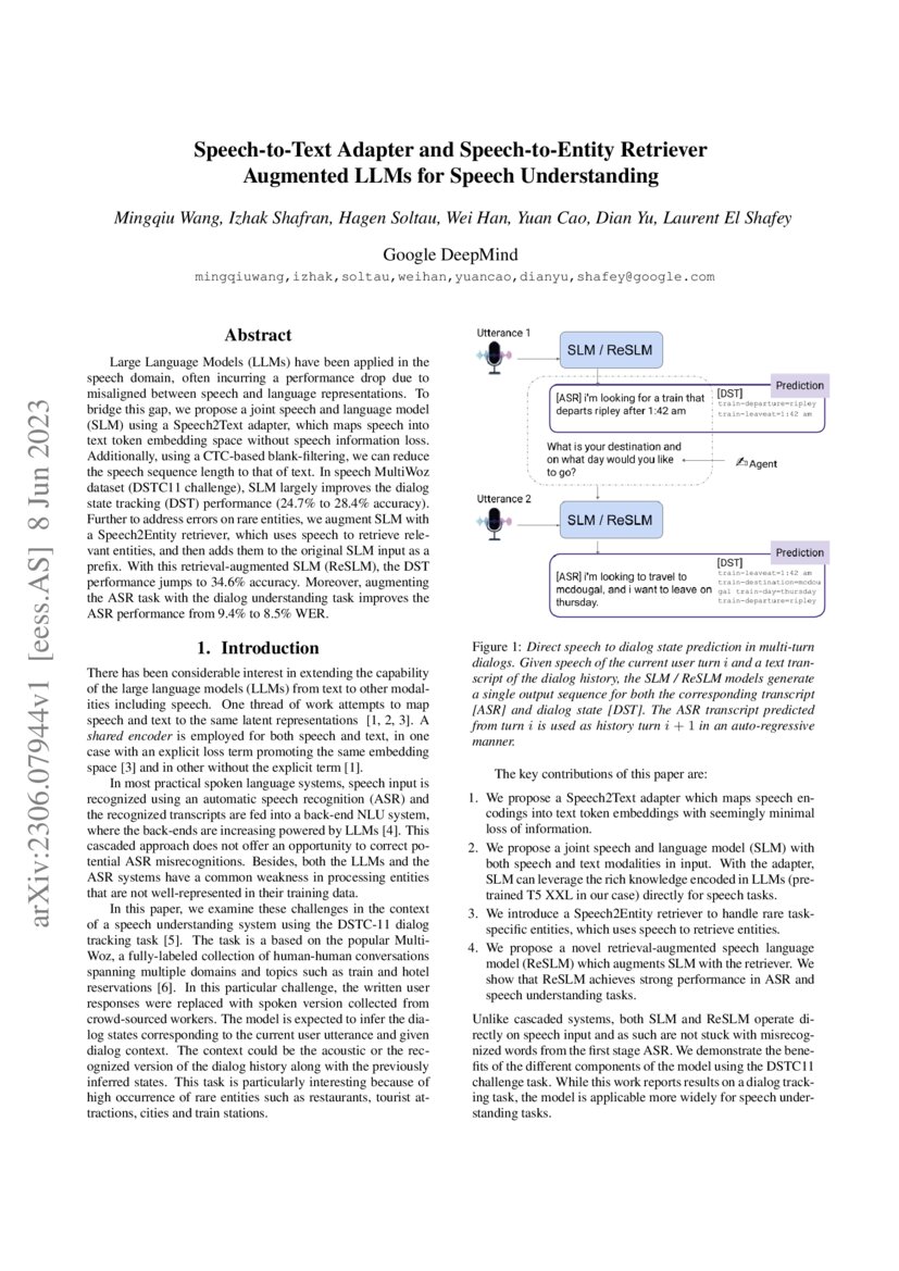 SpeechtoText Adapter and SpeechtoEntity Retriever Augmented LLMs for Speech Understanding