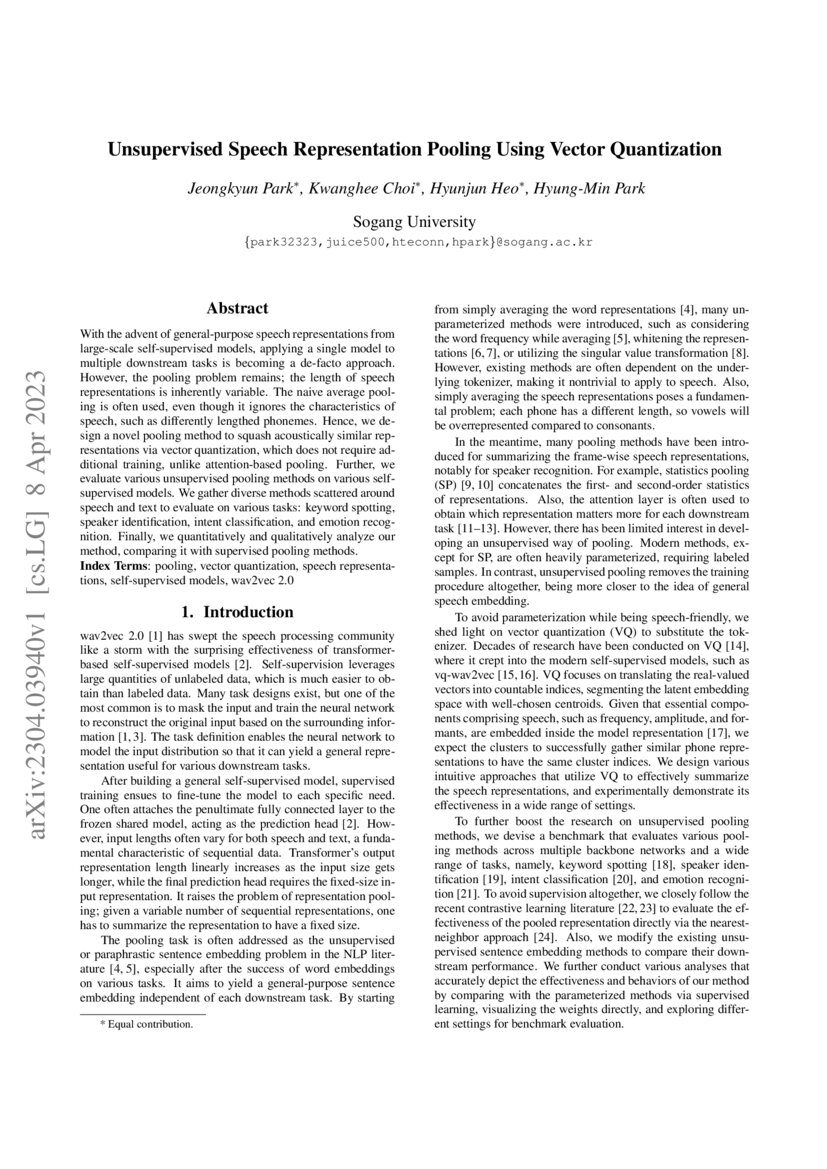 Unsupervised Speech Representation Pooling Using Vector Quantization