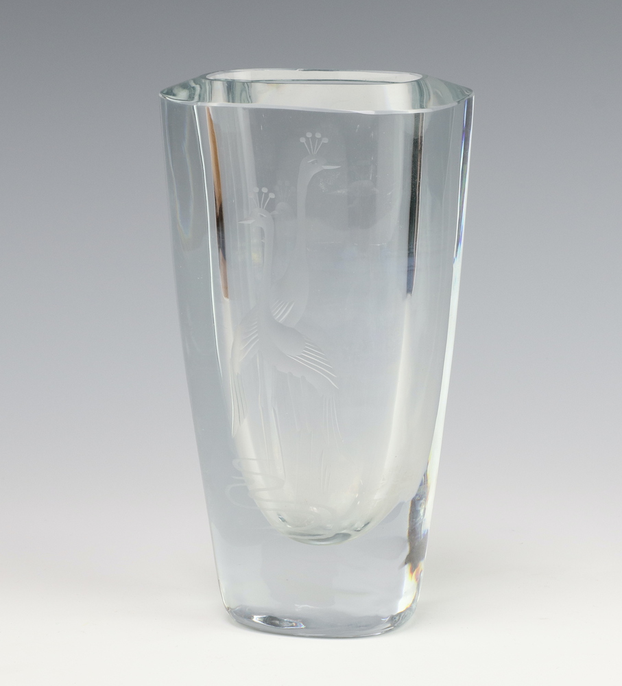 An Art Glass tapered vase decorated with peacocks 17cm 15th June 2023