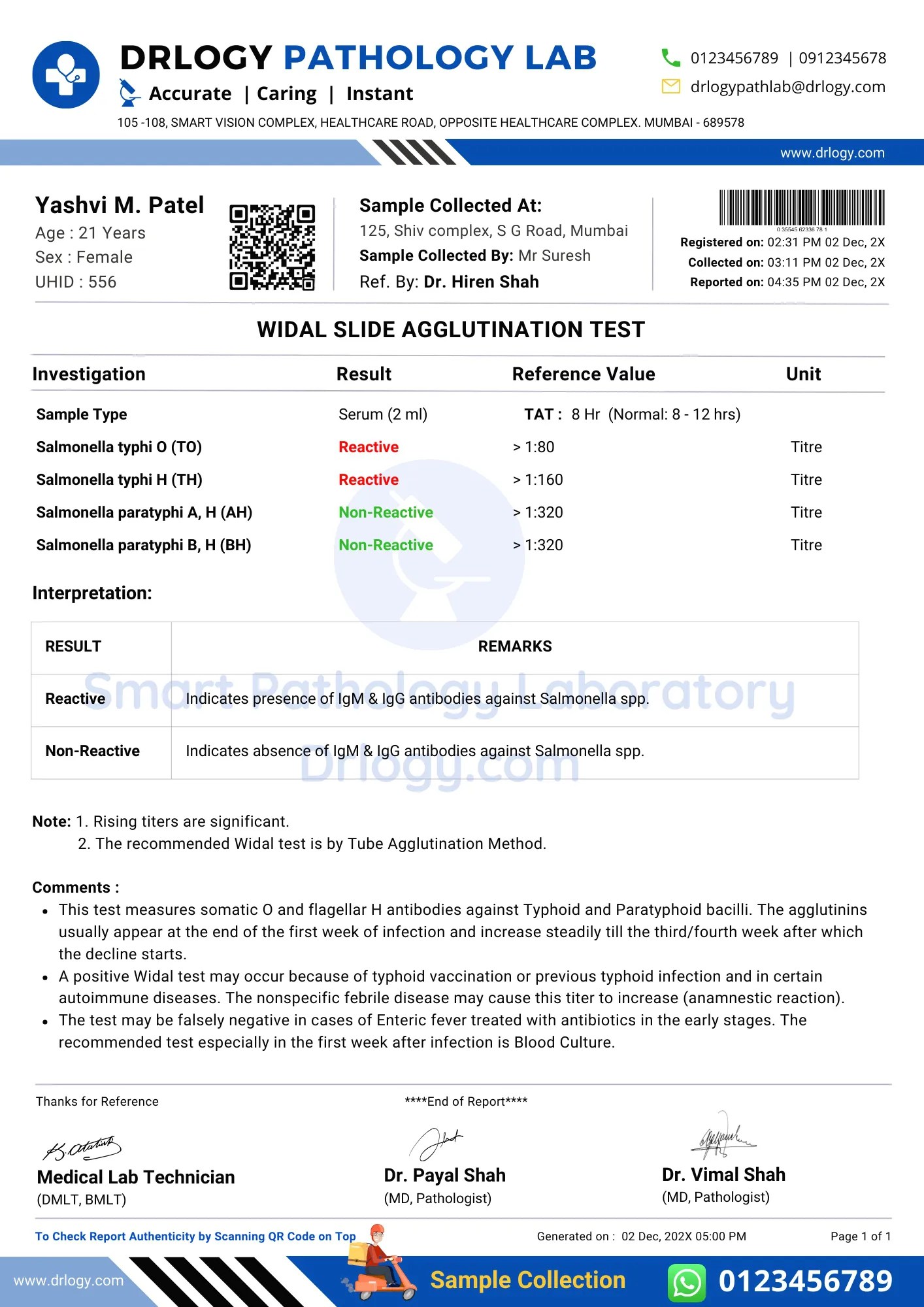 Widal Test Report Format PDF, Sample Template & Example Guide Drlogy