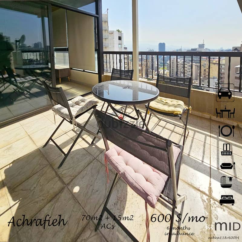 Ashrafieh 75m2 + 15m2 Terrace 1 Bedroom Apartment Open View AC