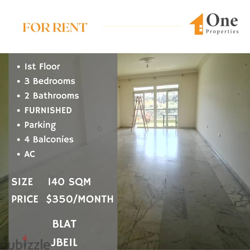 FURNISHED Apartment for RENT, in BLAT/JBEIL, WITH A MOUNTAIN VIEW