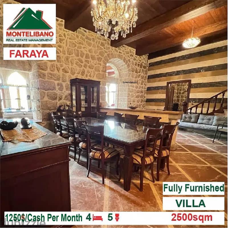 1250!! Villa for rent located in Faraya Apartments & Villas For Rent