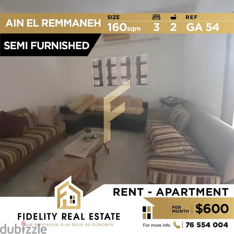 Semi Furnished apartment for rent in Ain el remmaneh GA54 Apartments