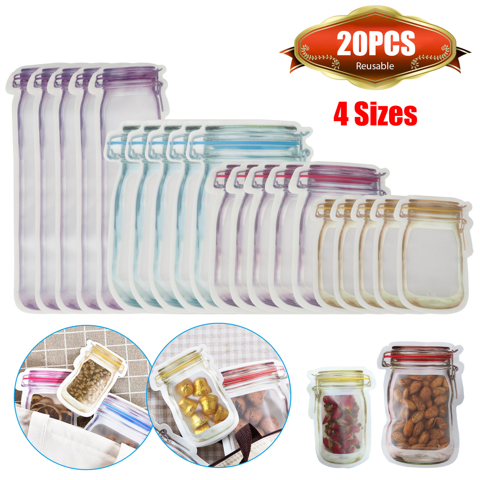 20Pcs Reusable Mason Jar Bottles Bags Food Snack Zipper Bags Seal Food
