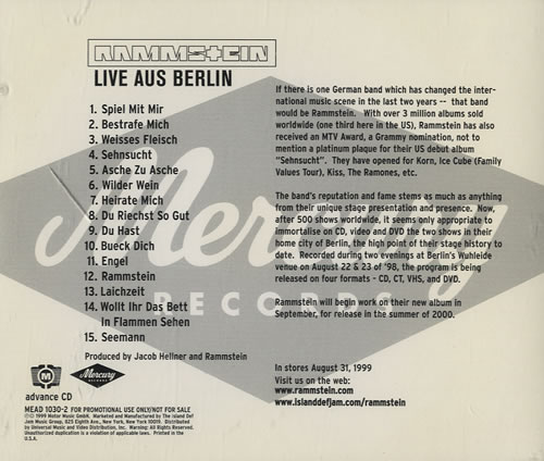 Rammstein Live Aus Berlin US Promo CD album (CDLP) (142065)