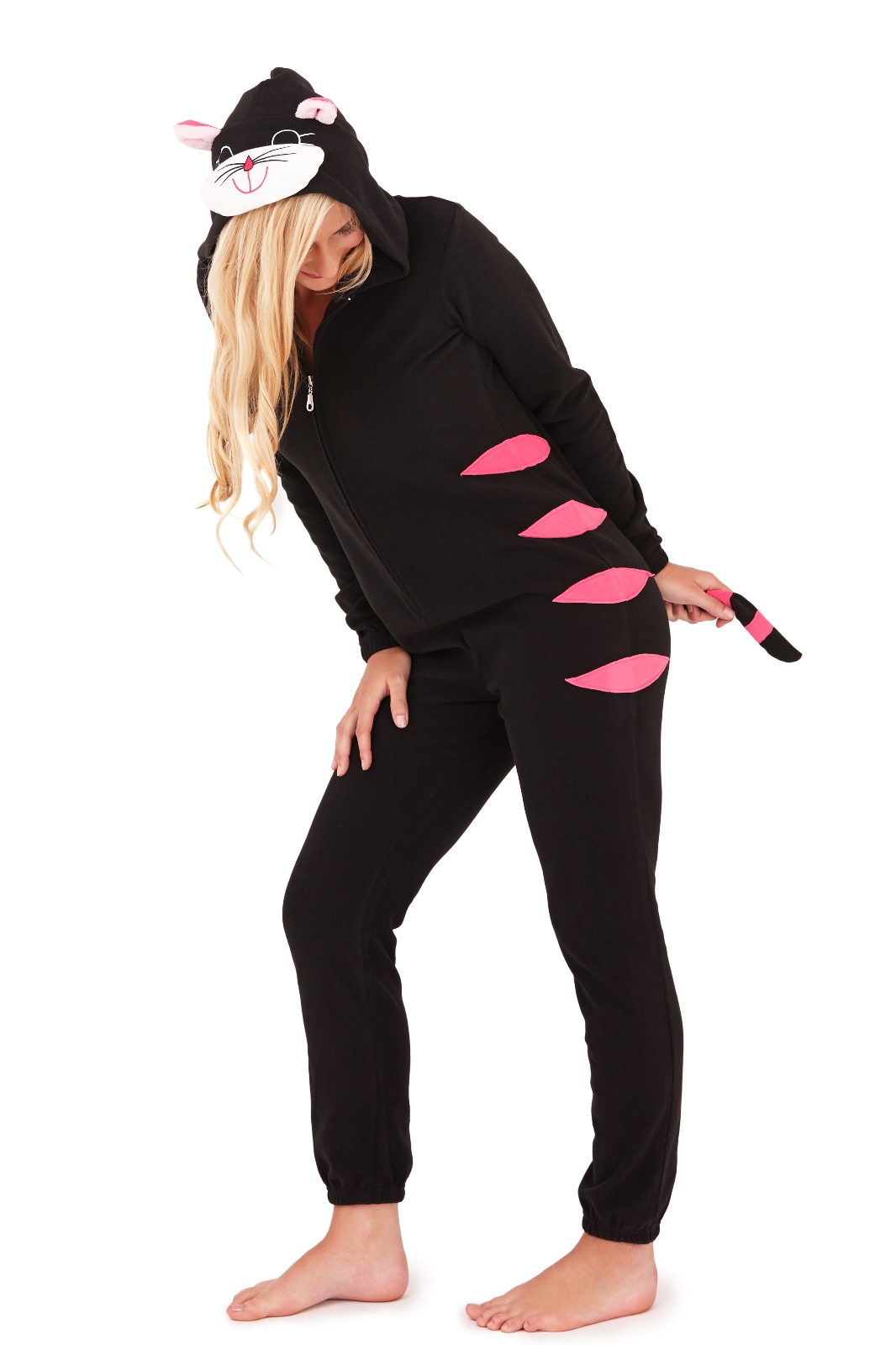 Womens Hooded Ears + Tail Onesie Cat Pug Jumpsuit Pyjamas Ladies Girls