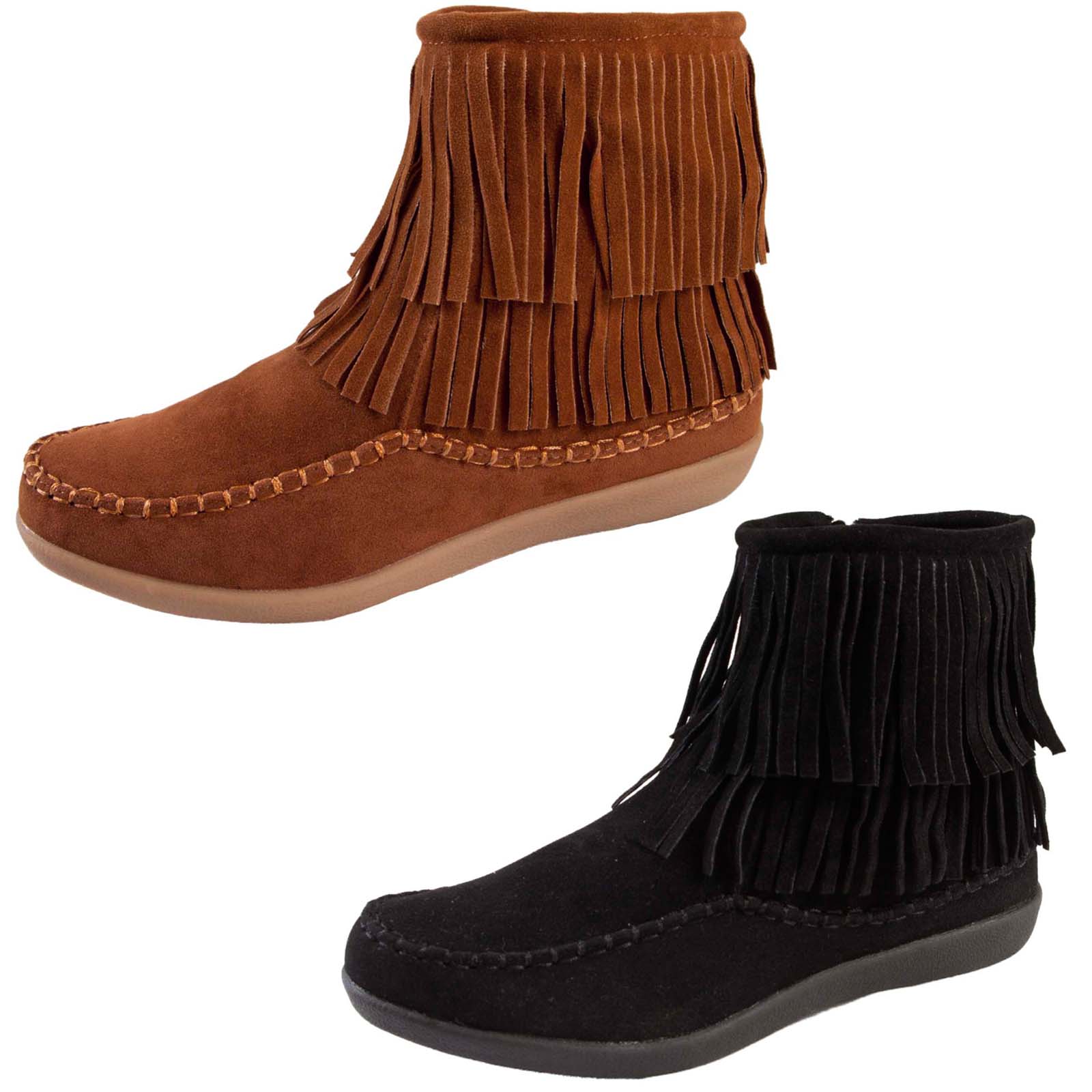Girls Womens Tassel Ankle Boots Faux Suede Flat Moccasin Zip Shoes