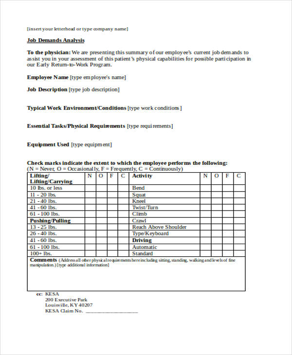 Job Description Physical Requirements Template Database