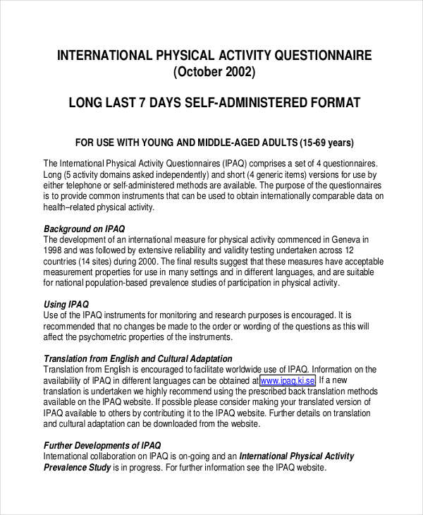 Physical Activity Questionnaire 8+ Examples, PDF