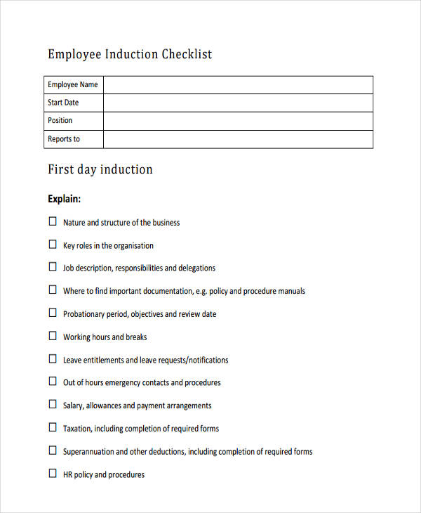 Induction Checklist 9+ Examples, Format, Pdf