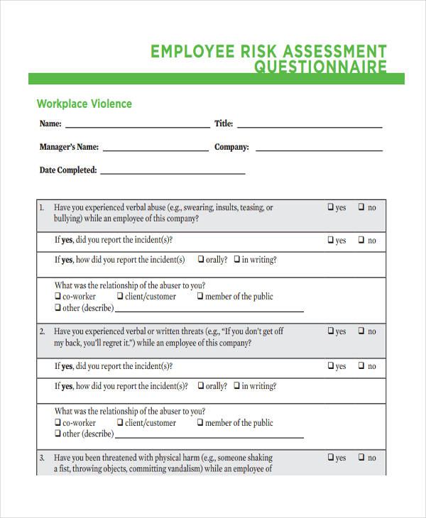 Risk Assessment Questionnaire 9+ Examples, Format, Pdf Examples