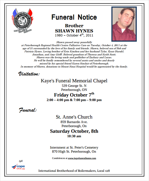 Obituary notices examples
