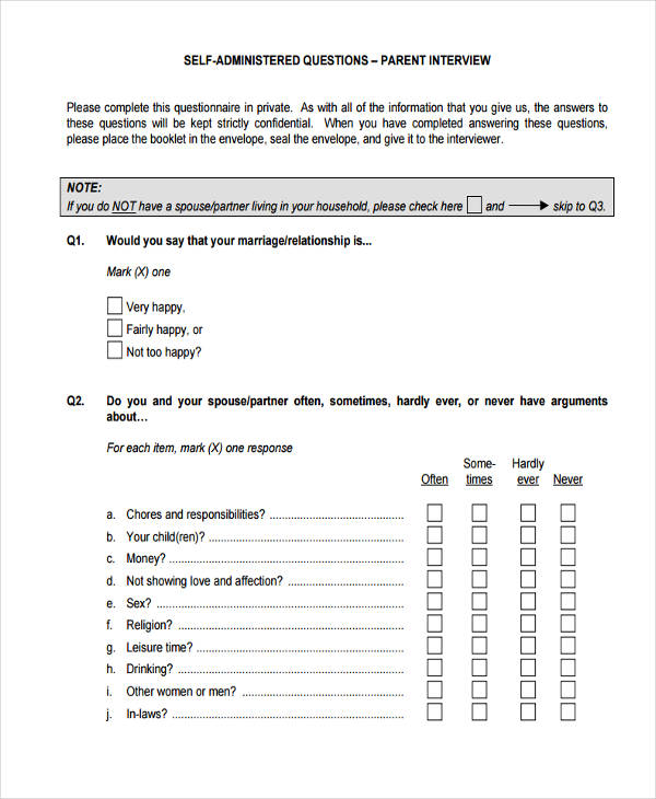 SelfAdministered Questionnaire 5+ Examples, Format, Benefits, Pdf