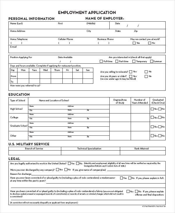 Employment Application 8+ Examples, Format, How to Create, Pdf