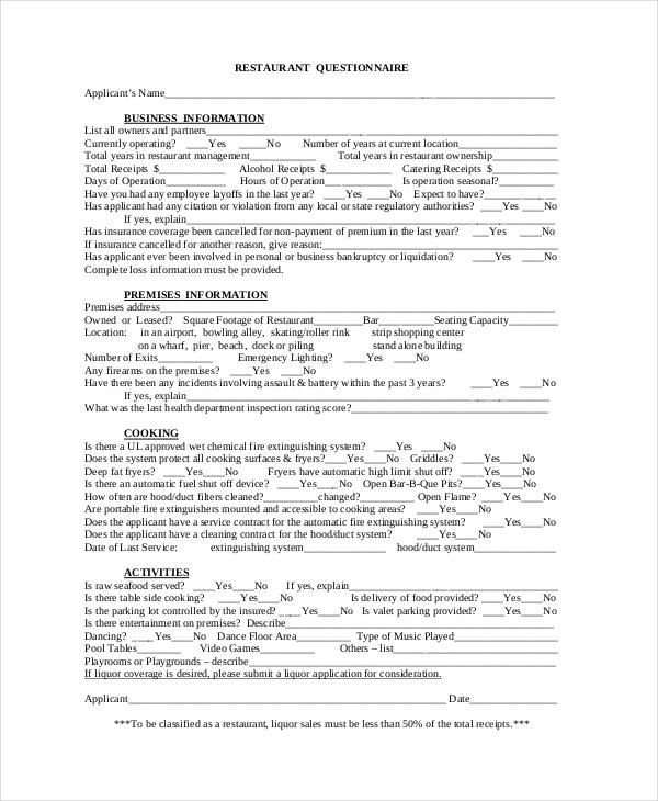 Restaurant Questionnaire 8+ Examples, Format, Pdf Examples