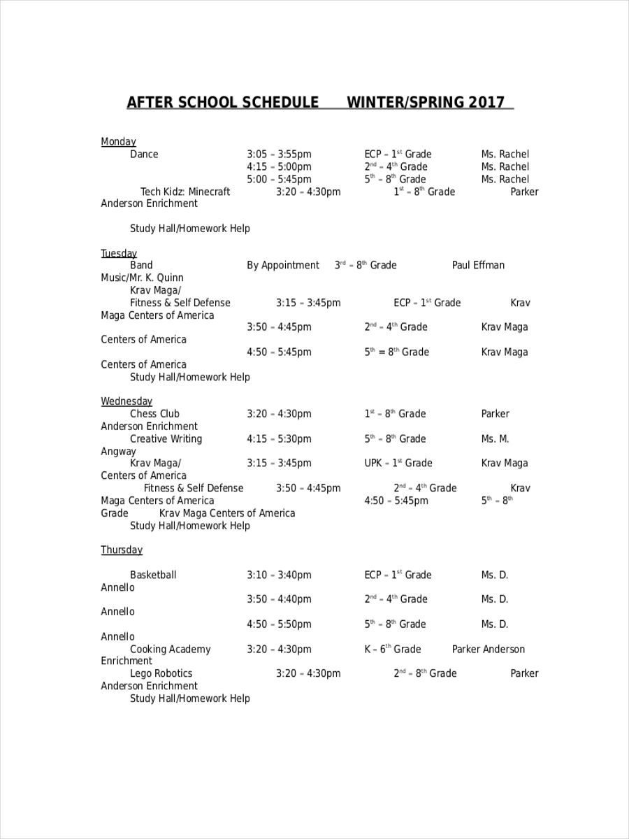 School Schedule 11+ Examples, Format, Word, How to Make, Pdf