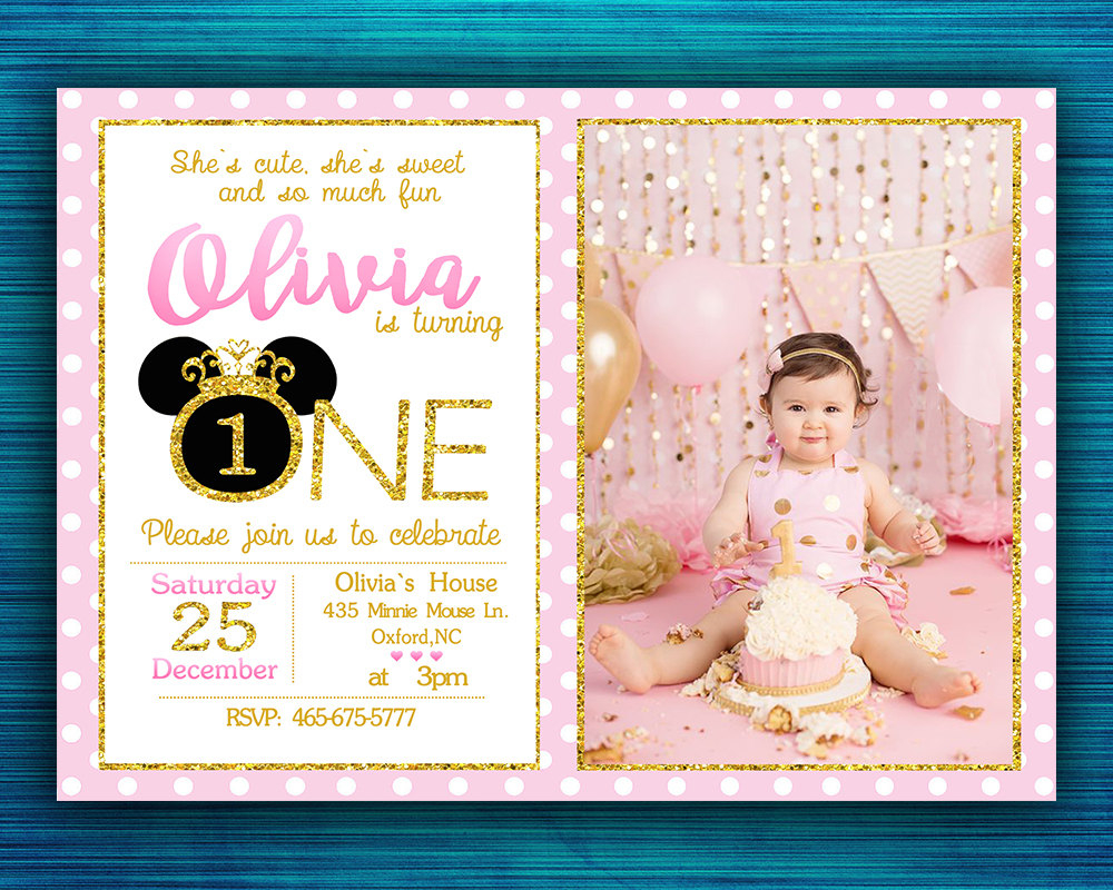 gold minnie mouse birthday invitation
