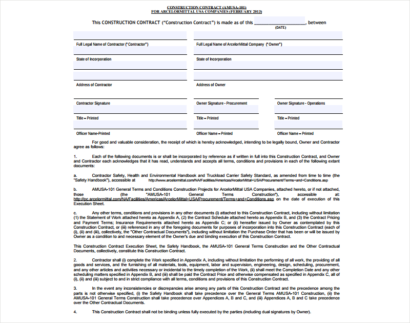 Construction Contract Examples 24+ in PDF Google Docs MS Word
