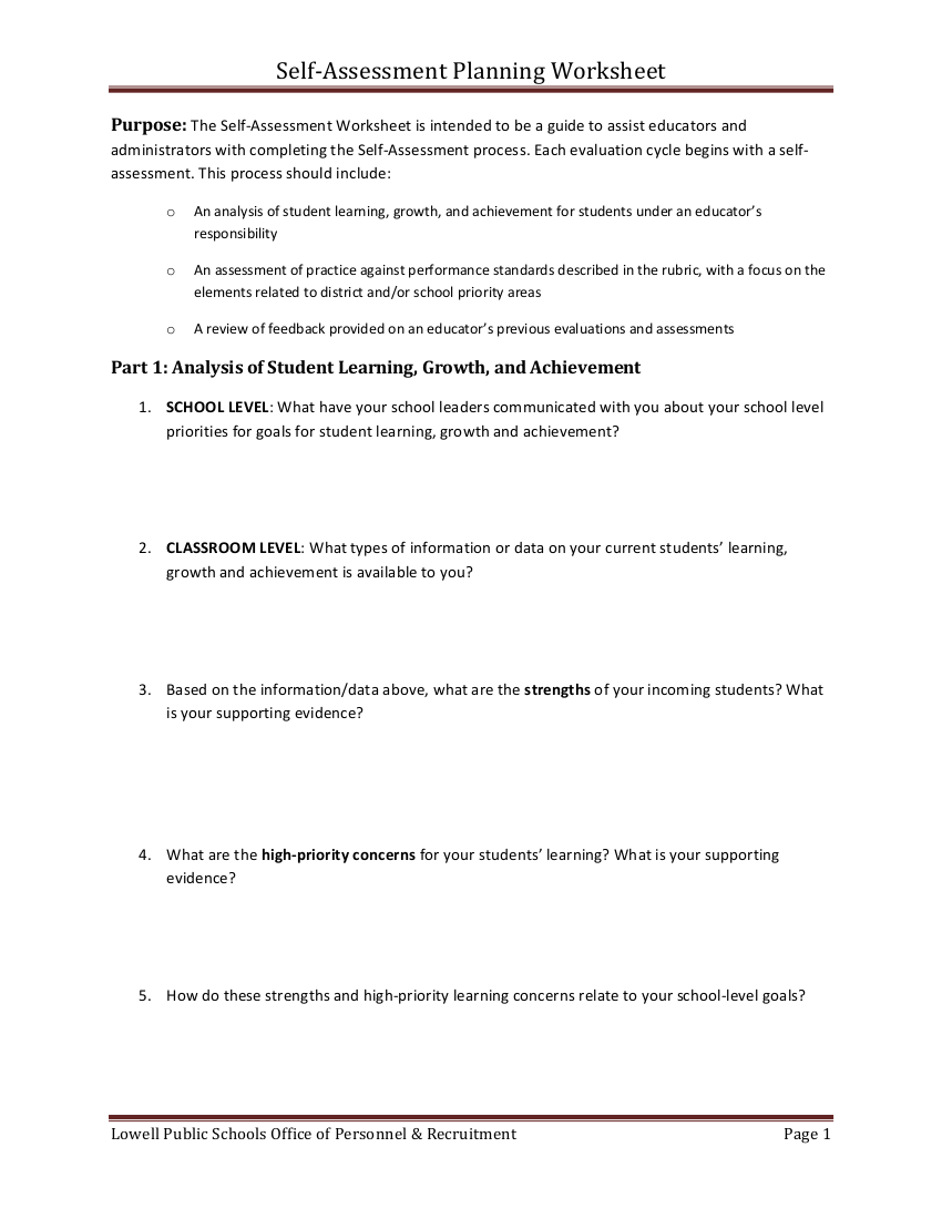 11+ SelfAssessment Worksheet Examples in PDF Examples